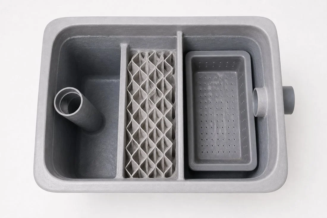 Bagian dalam grease trap fiberglass: kompartemen pemisah lemak dan media penyaring