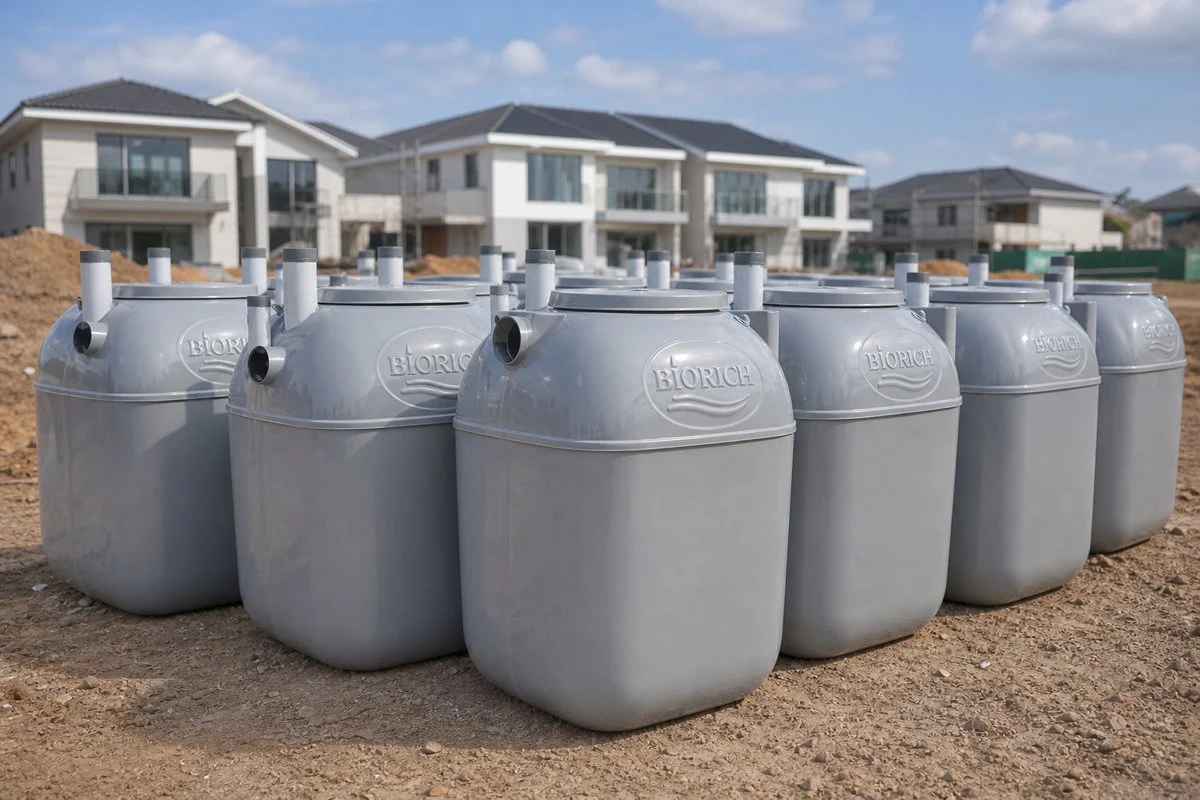 Deretan septic tank biotech fiberglass BIORICH di lokasi perumahan