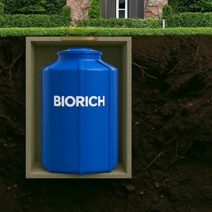 Ilustrasi instalasi ground tank fiberglass BIORICH tertanam di bawah tanah